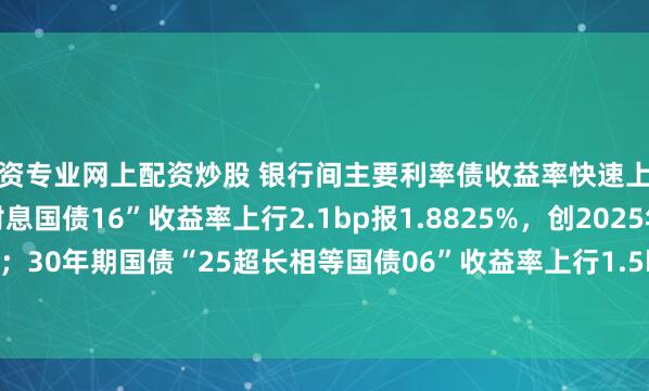 配资专业网上配资炒股 银行间主要利率债收益率快速上行，10年期国债“25附息国债16”收益率上行2.1bp报1.8825%，创2025年9月29日以来新高；30年期国债“25超长相等国债06”收益率上行1.5bp报2.2990%，创2024年11月20日以来新高。